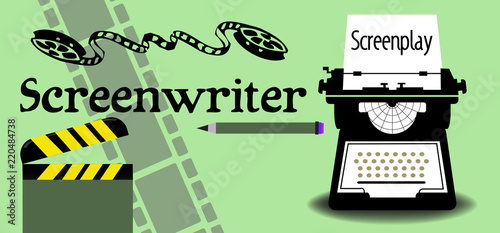Colorful background with typewriting machine, clapperboard, film reel, filmstrip, pencil and the word screenwriter written with black letters photo