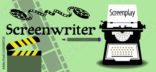 Colorful background with typewriting machine, clapperboard, film reel, filmstrip, pencil and the word screenwriter written with black letters