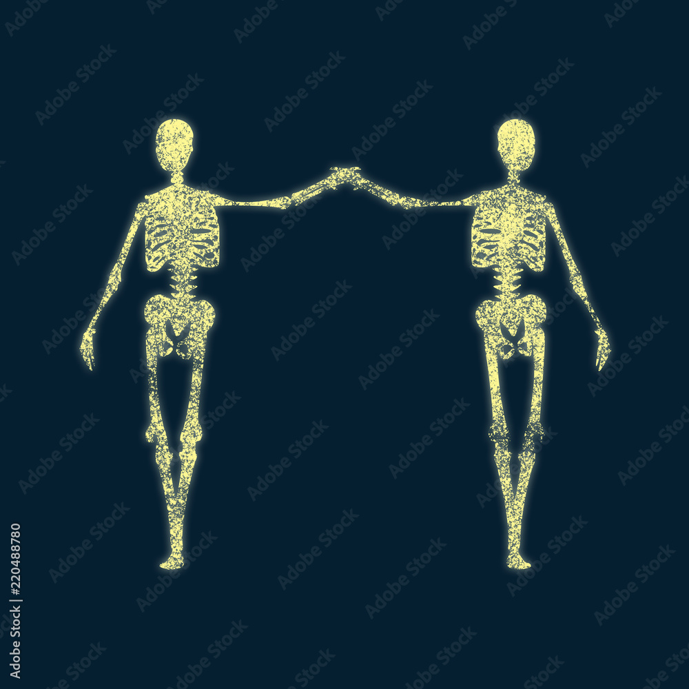 Human skeleton standing and hugging. Halloween party design template. Friends embrace Human skeleton standing and hugging. Halloween party design template. Friends embrace