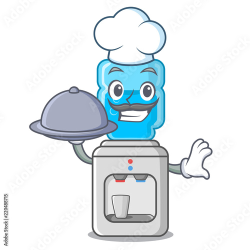 Chef with food water cooler with plastic bottle cartoon