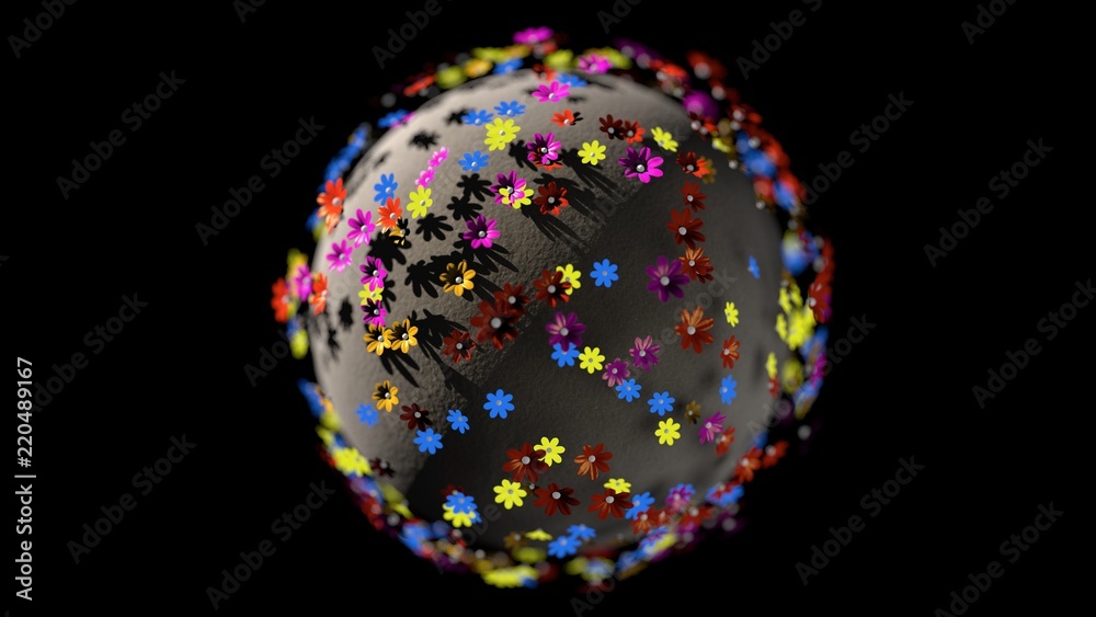 Miniature 3d render planet of cartoon color flowers isolated on black background Miniature 3d render planet of cartoon color flowers isolated on black background