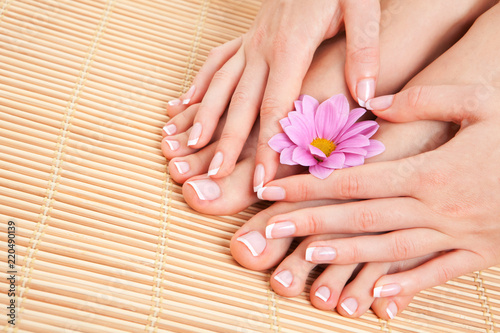 Care for beautiful woman skin and nails. Pedicure and manicure at beauty salon. Woman legs  hands with flower on bamboo. Spa therapy. Closeup photo of female feet with white french manicure  pedicure