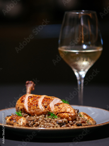 Roast chicken pulp and white wine photo