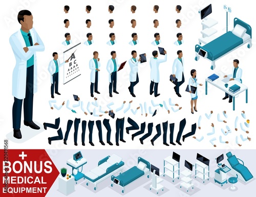 Isometric Doctor African American, create your 3D surgeon, sets of gestures of legs and hands, emotions and hairstyles. Bonus medical equipment, set 4