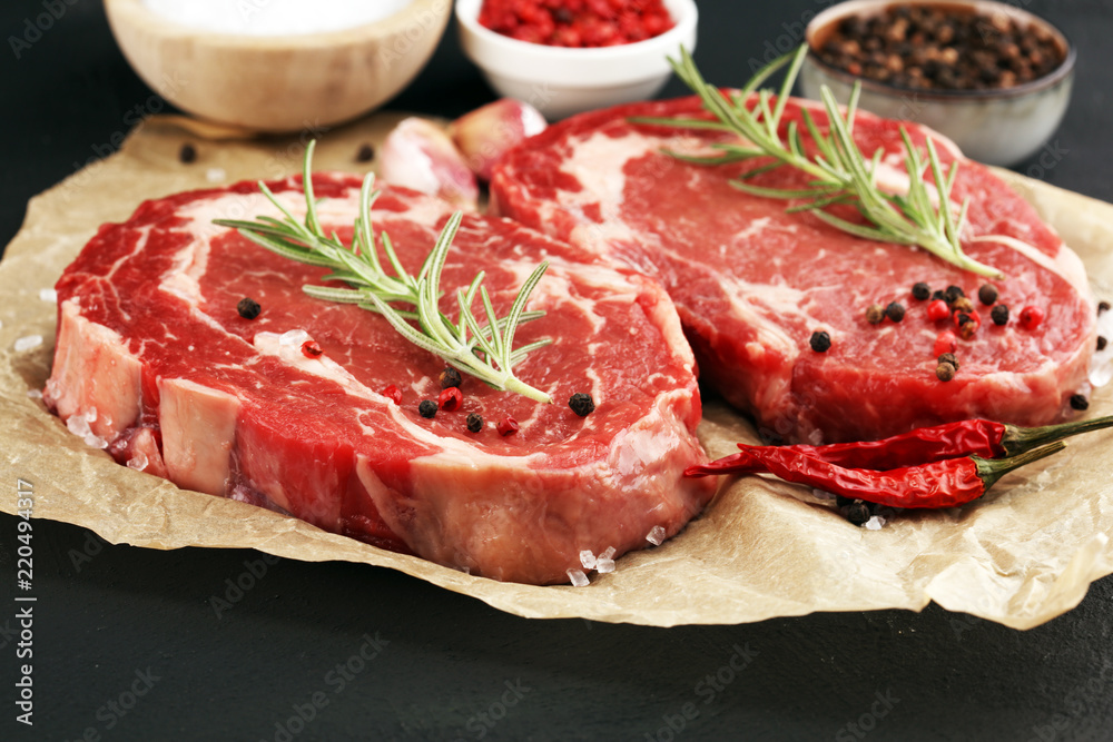 Obraz premium Steak raw. Barbecue Rib Eye Steak, dry Aged Wagyu Entrecote Steak.