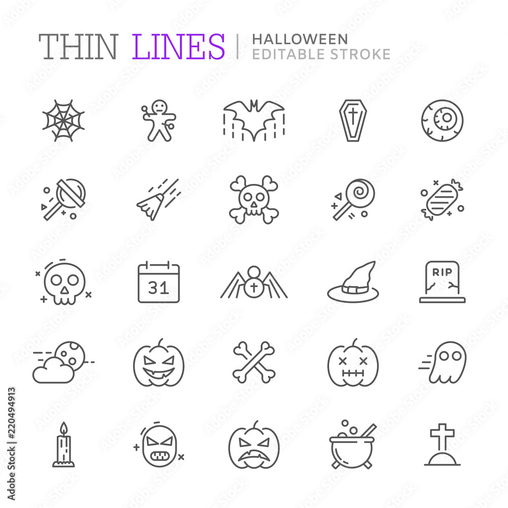 Collection of halloween related line icons. Editable stroke - obrazy, fototapety, plakaty 