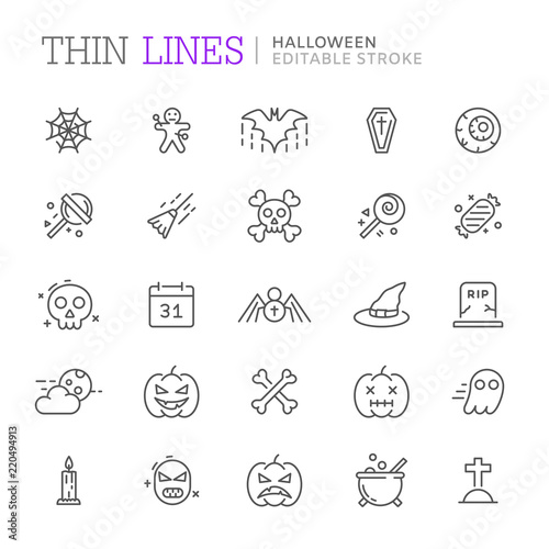 Collection of halloween related line icons. Editable stroke