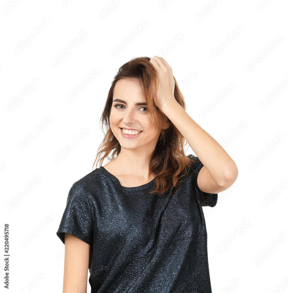 Smiling woman in casual clothes on white background Smiling woman in casual clothes on white background