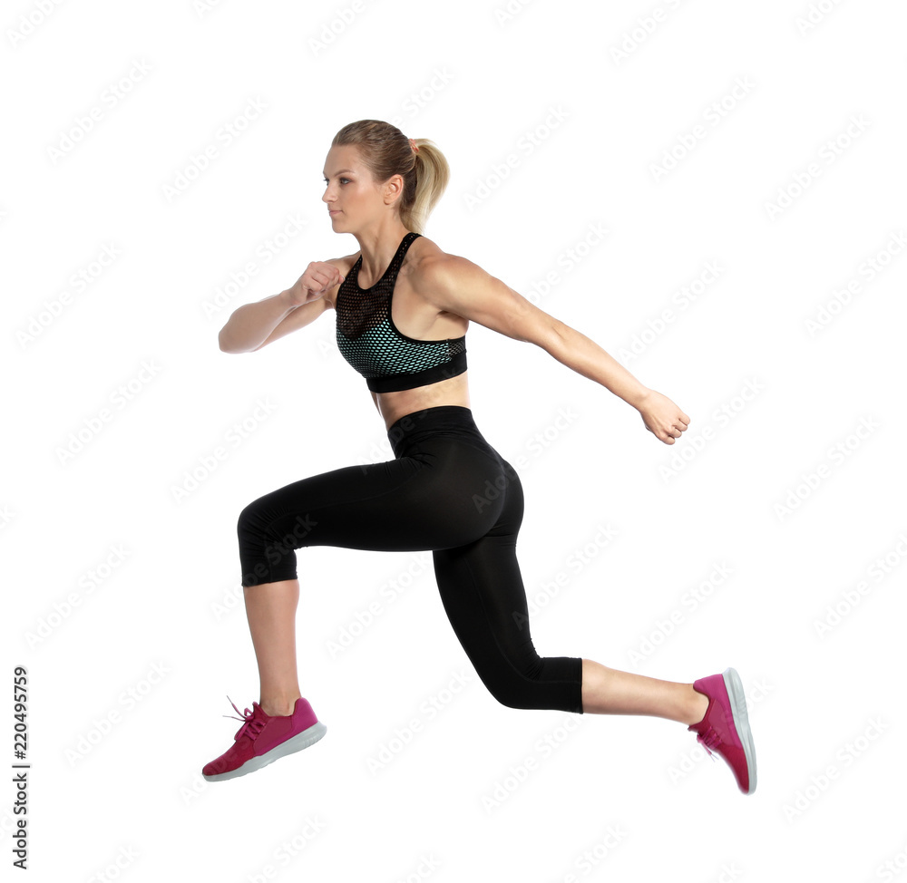 Sporty young woman running on white background Sporty young woman running on white background