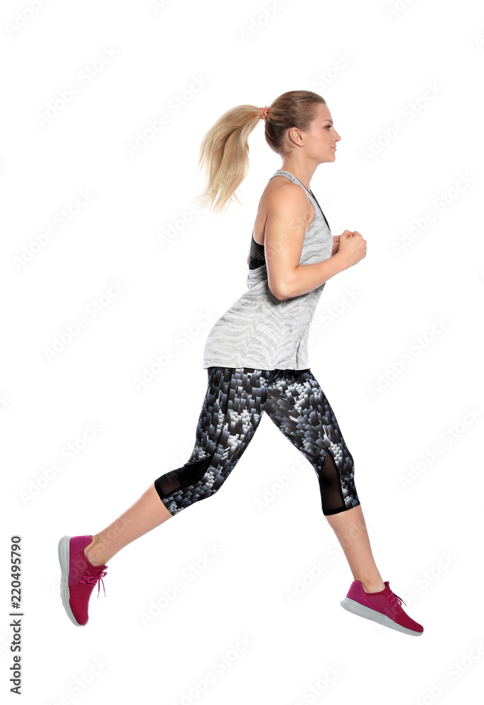 Sporty young woman running on white background Sporty young woman running on white background