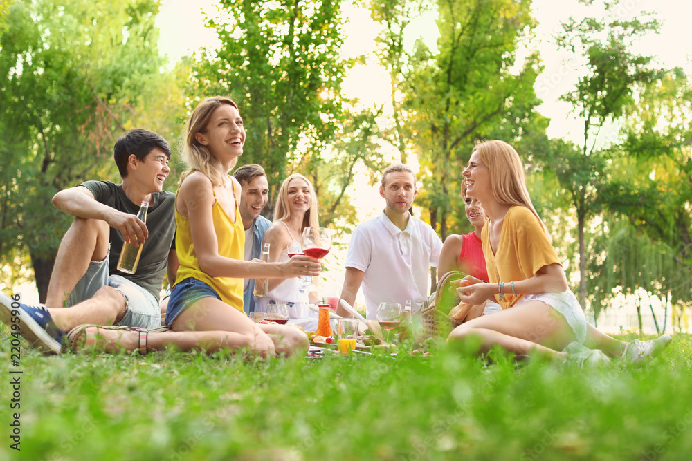 Happy friends having picnic in park on sunny day