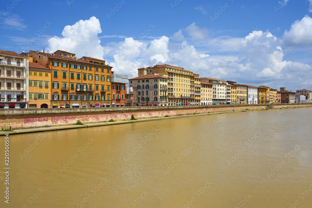 Arno River With Cloudy Blue Sky Pisa Italy
