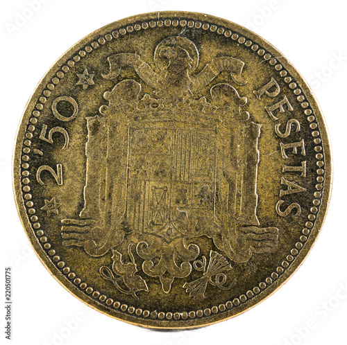 Old Spanish coin of 2,50 pesetas, Francisco Franco. Year 1953, 19 54 in the stars. Reverse. photo