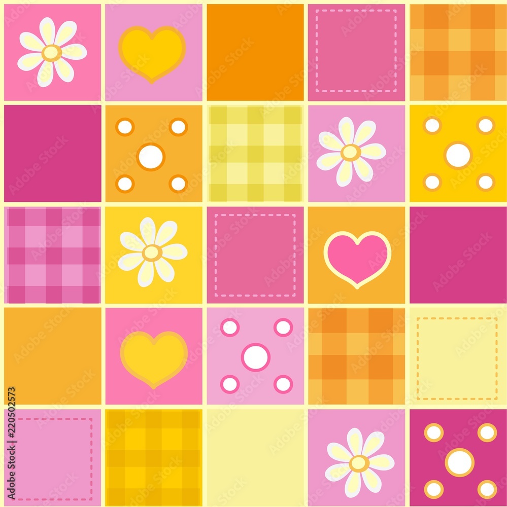 Seamless patchwork pattern in pink and orange tones