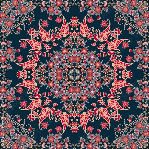 Russian scarf with floral border, bouquets of flowers and paisley. Lovely tablecloth. Carpet. Ethnic bandana print. Pillowcase. Print for fabric. Kerchief square design pattern.