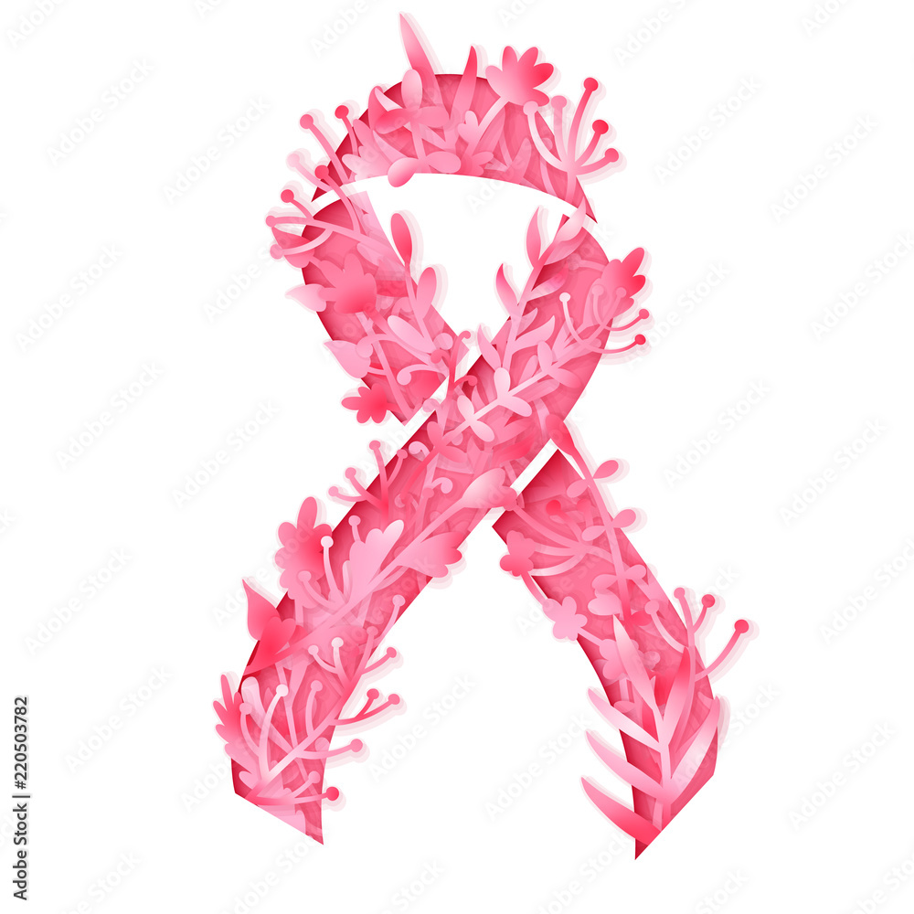 Poster with handdrawn lettering breast cancer. Realistic pink ribbon.