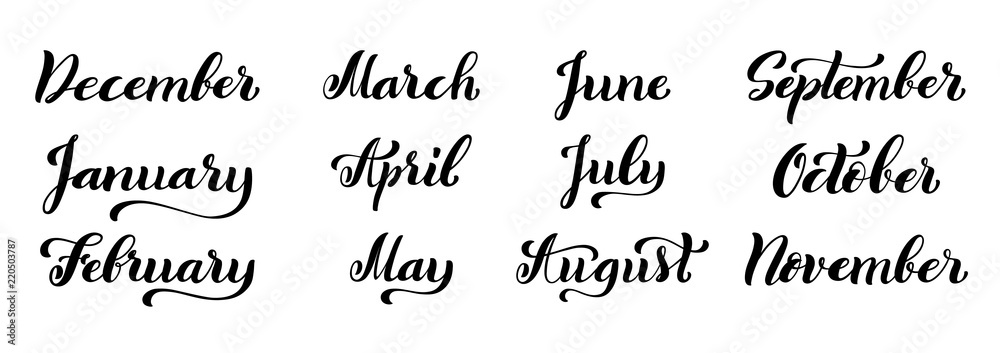 Calligraphic set of months of the year. December, January, February, March, April, May, June, July, August, September, October, November - obrazy, fototapety, plakaty 