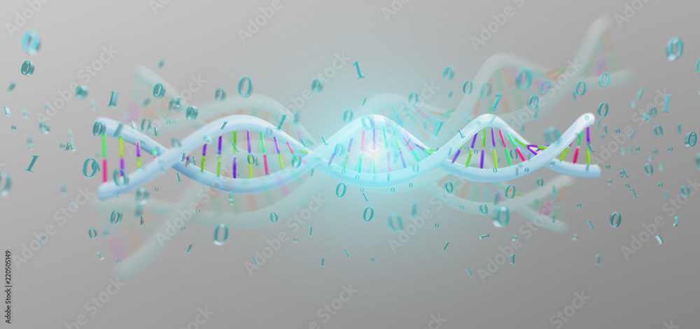 Obraz premium 3d rendering data coded Dna with binary file around