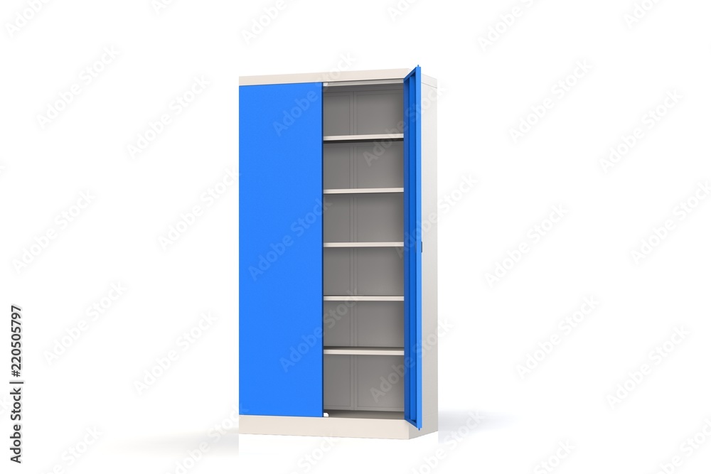 Metal cabinet with shelves for tools. Fireproof shelving for documents. 3D model rendering. Metal cabinet with shelves for tools. Fireproof shelving for documents. 3D model rendering.