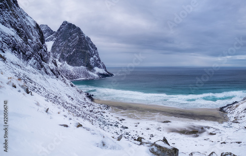 Panorama of ocean and mountains on the Lofoten islands, Norway. Waves on the sea shore. Natural landscape in the Norway