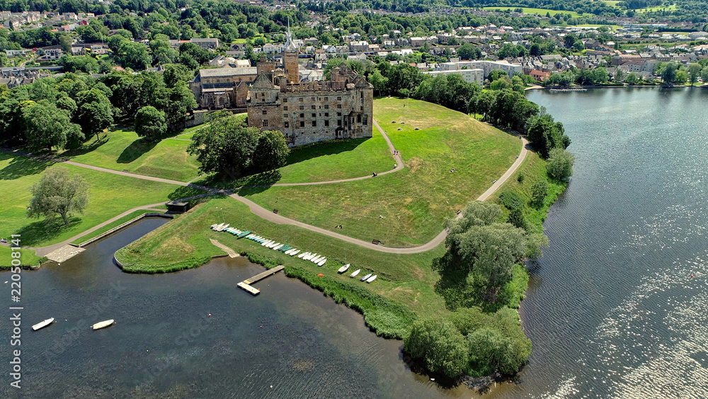 Aerial view of Linlithgow Abbey and the ruins of Linlithgow Palace.