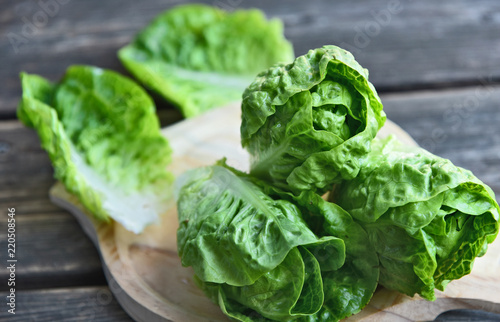 a lot of fresh Romaine lettuce on wooden floor..Healthy and benefits of green leaf lettuce.