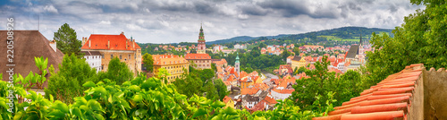 City landscape, panorama, banner - view over the historical part Cesky Krumlov with Vltava river in summer time, Czech Republic