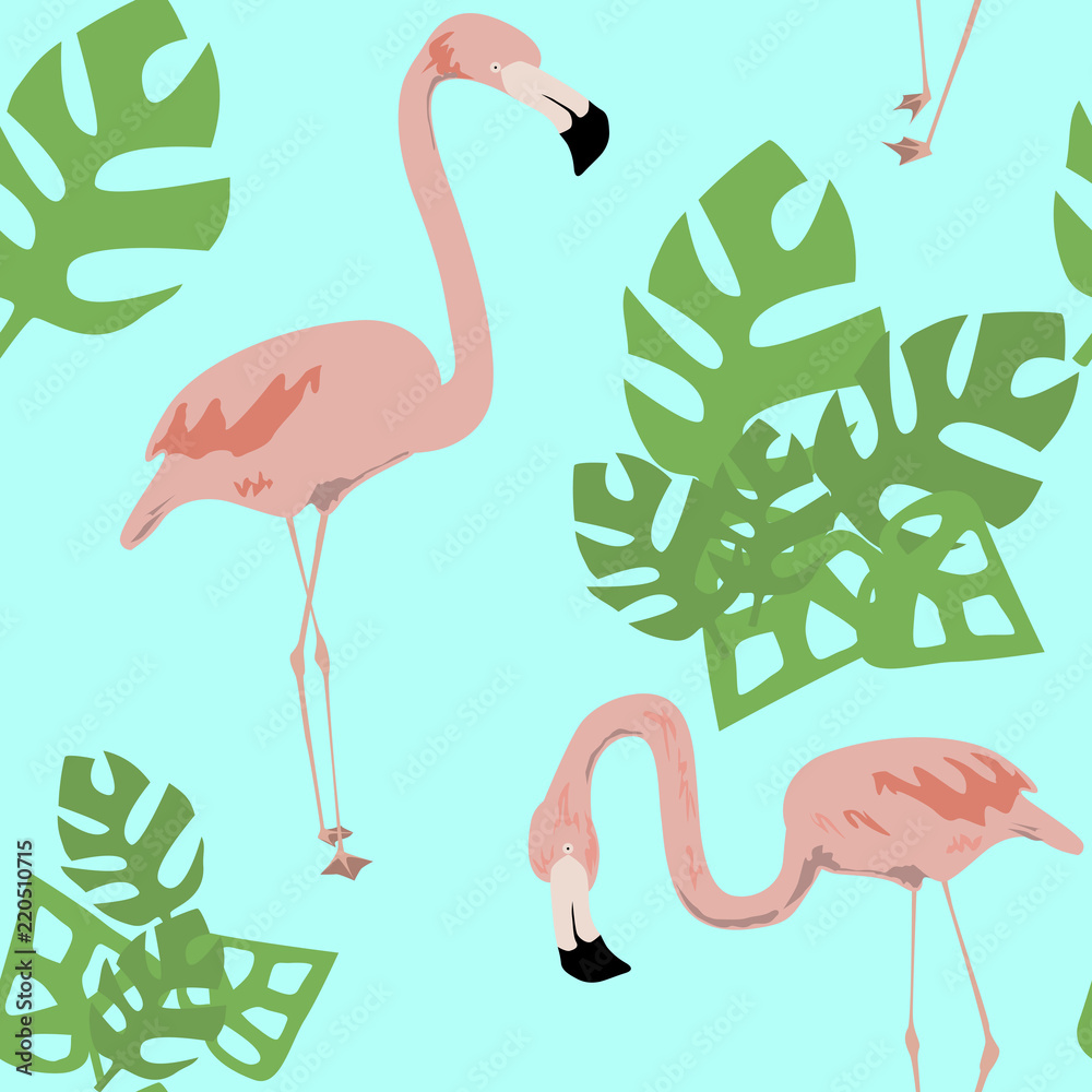 Naklejka premium flamingo and tropical leaves swamless patern