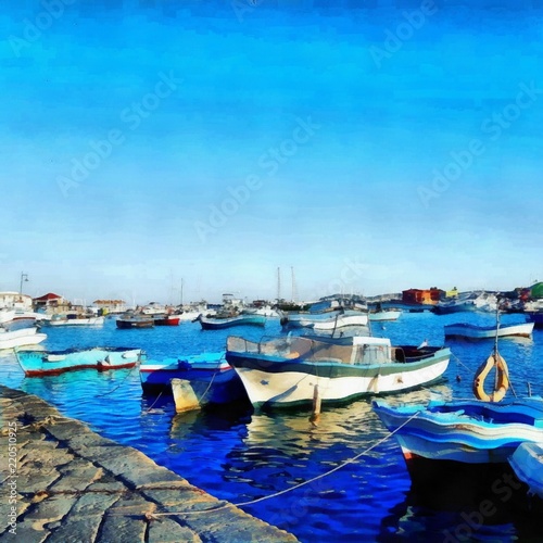 Oil painting. Art print for wall decor. Acrylic artwork. Big size poster. Watercolor drawing. Modern style fine art. Beautiful landscape.  Blue sky. Boats in the harbor. Tourist resort. Art for sale. © Pavel