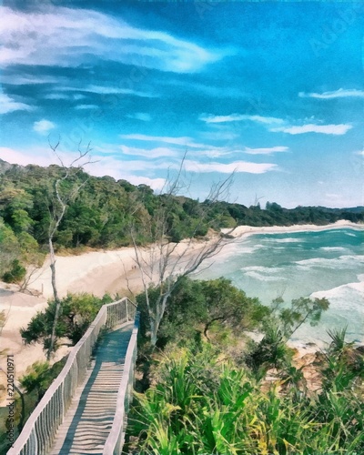Oil painting. Art print for wall decor. Acrylic artwork. Big size poster. Watercolor drawing. Modern style fine art. Beautiful tropical landscape. Hill view. Sandy beach. Exotic resort. Art for sale.
