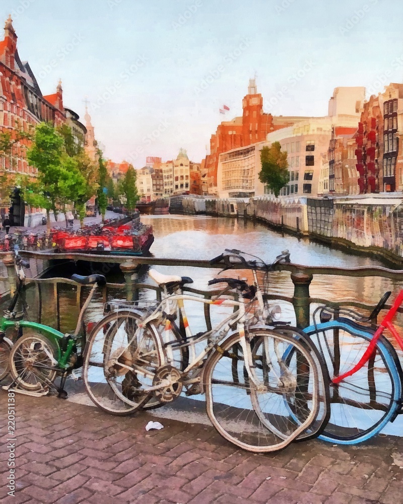 Oil painting. Art print for wall decor. Acrylic artwork. Big size poster. Watercolor drawing. Modern style fine art. Travel. Tourism. Amsterdam. Bicyсles on the bridge. Holland. Art for sale.