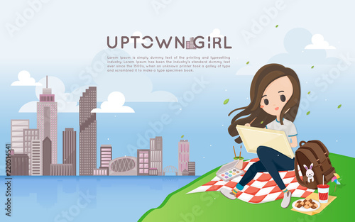 Cute girl painting city landscape picture at the mountain.