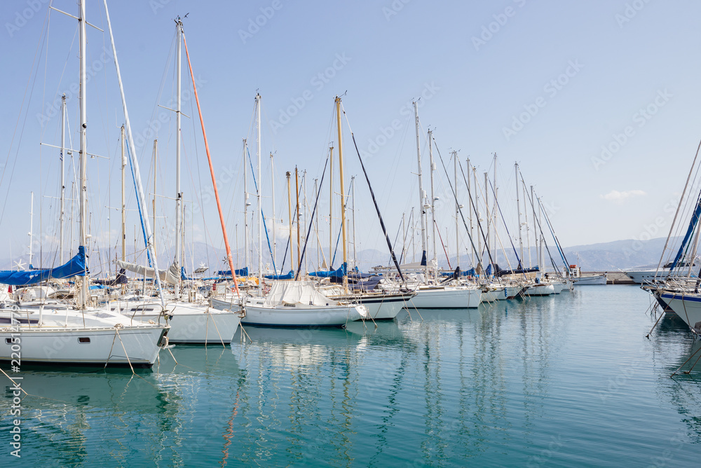 Marina port ships yachts in Agios Nikolaos bay, Crete, Greece