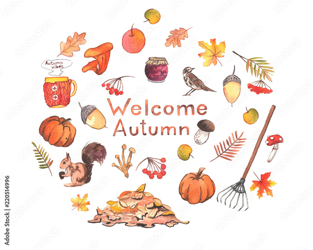 Hand drawn watercolor autumn illustration. Set of  countryside autumn accessories, mushrooms, animals with “Welcome autumn” lettering. For design, cards, prints or posters.