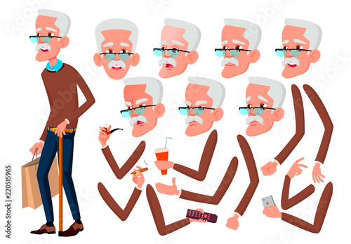 Old Man Vector. Senior Person. Aged, Elderly People. Active, Expression. Face Emotions, Various Gestures. Animation Creation Set. Isolated Flat Cartoon Character Illustration