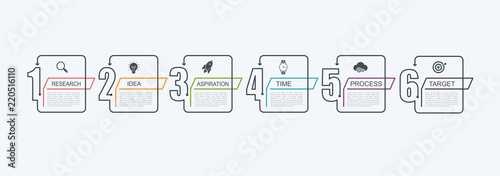 Timeline infographic design template with step structure. Business concept with 6 options pieces or steps. Block diagram, information graph, presentations banner, workflow.