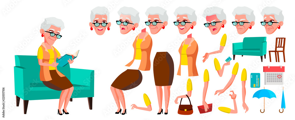 Old Woman Vector. Senior Person Portrait. Elderly People. Aged. Animation Creation Set. Face Emotions, Gestures. Cheerful Grandparent. Card Design. Animated. Isolated Cartoon Illustration Old Woman Vector. Senior Person Portrait. Elderly People. Aged. Animation Creation Set. Face Emotions, Gestures. Cheerful Grandparent. Card Design. Animated. Isolated Cartoon Illustration