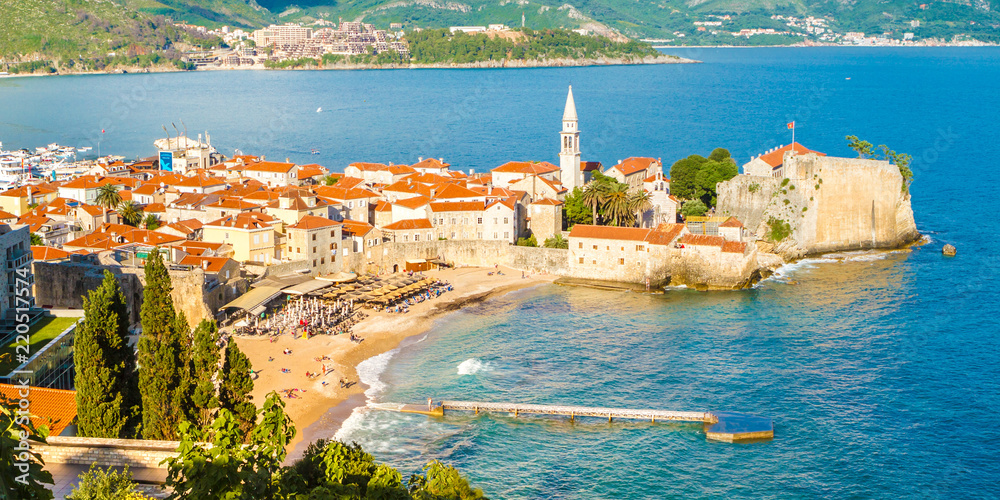 Beautiful view of the old town of Budva in evening, Budva, Montenegro