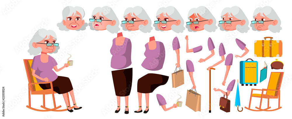 Old Woman Vector. Senior Person Portrait. Elderly People. Aged. Animation Creation Set. Face Emotions, Gestures. Positive Pensioner. Advertising Design. Animated. Isolated Cartoon Illustration