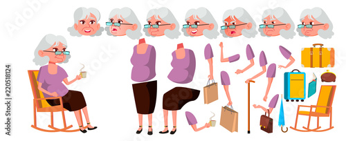 Old Woman Vector. Senior Person Portrait. Elderly People. Aged. Animation Creation Set. Face Emotions  Gestures. Positive Pensioner. Advertising Design. Animated. Isolated Cartoon Illustration