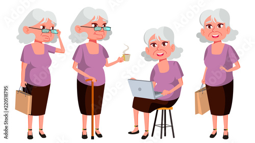 Old Woman Poses Set Vector. Elderly People. Senior Person. Aged. Funny Pensioner. Leisure. Postcard, Announcement, Cover Design. Isolated Cartoon Illustration