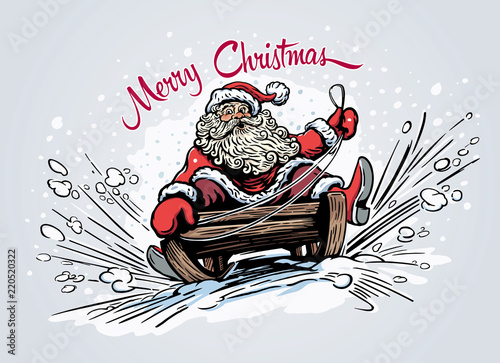 Surprised and scared Santa Claus, rides the mountain on a sleigh.