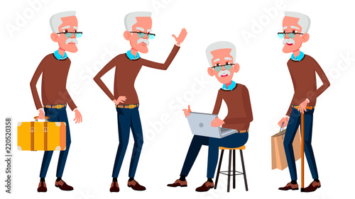 Old Man Poses Set Vector. Elderly People. Senior Person. Aged. Friendly Grandparent. Banner, Flyer, Brochure Design. Isolated Cartoon Illustration