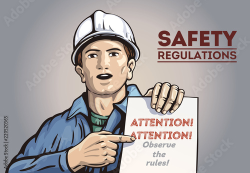 Poster with labor man, holding in her hand with leaflet leaflet with instructions. Vector illustration.