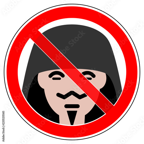srr445 SignRoundRed - english - prohibition sign - anonymous mask: criminal masquerade - hacker / fake shop - faceless unrecognizable hooded person - xxl g6549