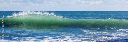 Wave on ocean, banner, sea wave close up photography. Macro photo of ocean foam photo