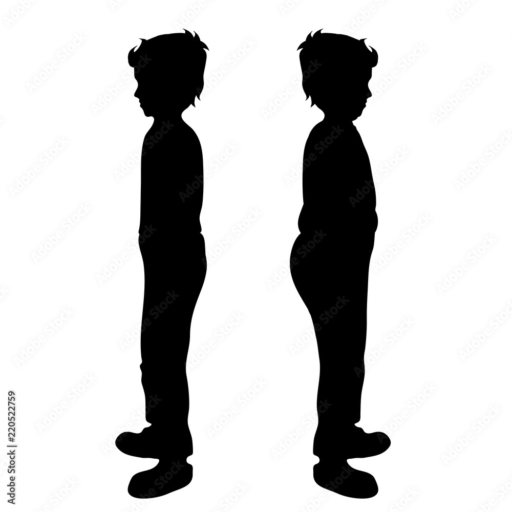 Vector silhouette of slim and fat boy on white background.