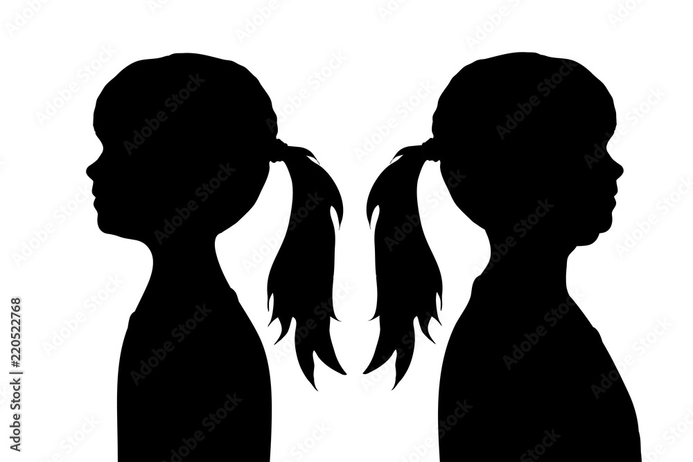 Vector silhouette of slim and fat girl on white background.
