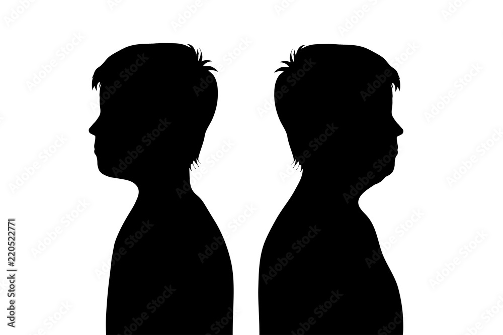 Vector silhouette of slim and fat boy on white background.