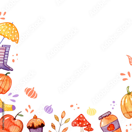 Hand drawn autumn background with watercolor elements.
